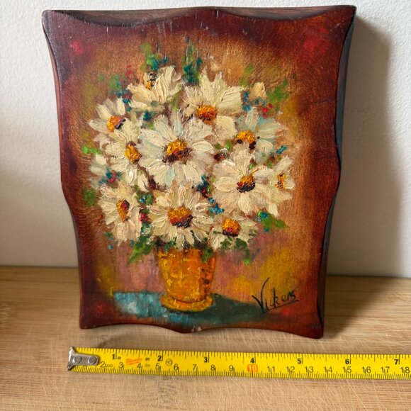 Vintage Mary Vickers Oil Painting on Wood Plaque White Daisy Floral Still Life - Picture 6 of 8